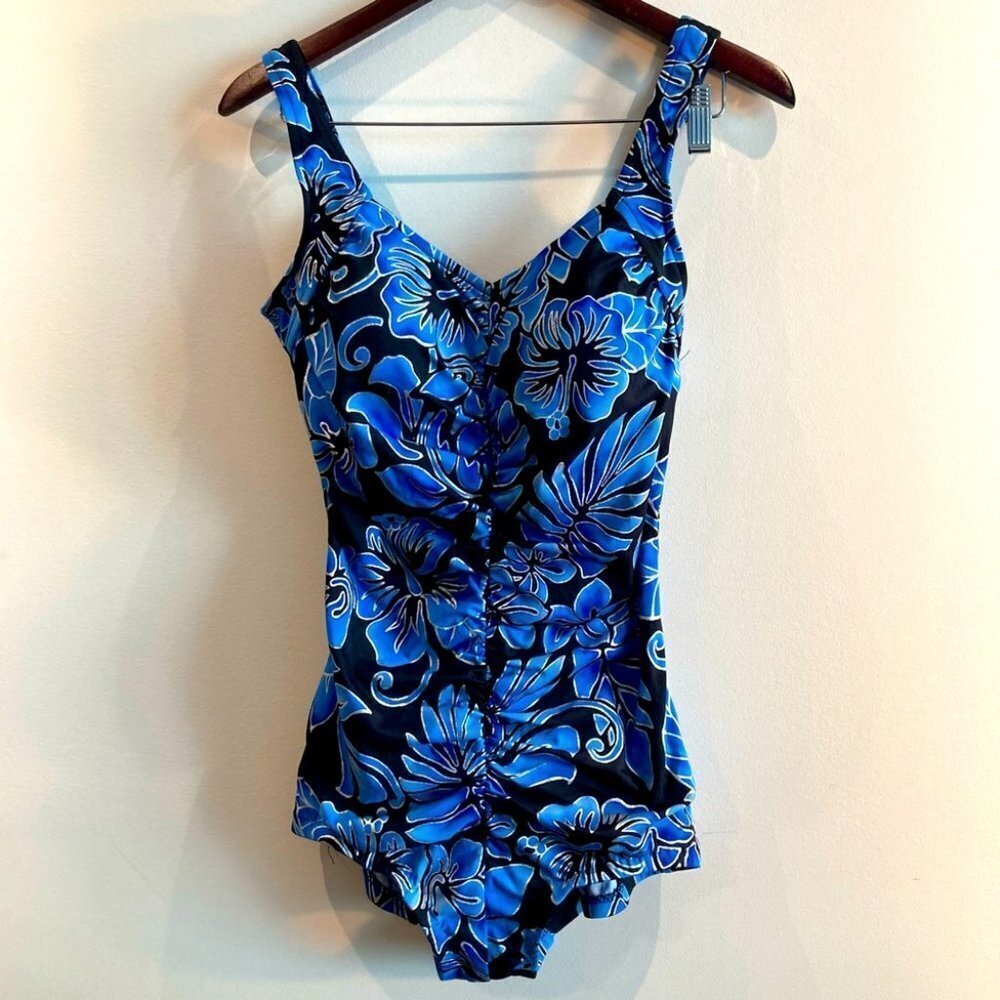 MAXINE OF HOLLYWOOD Sz 16 One Piece Hawaiian Floral  Modest Ruched Swimsuit